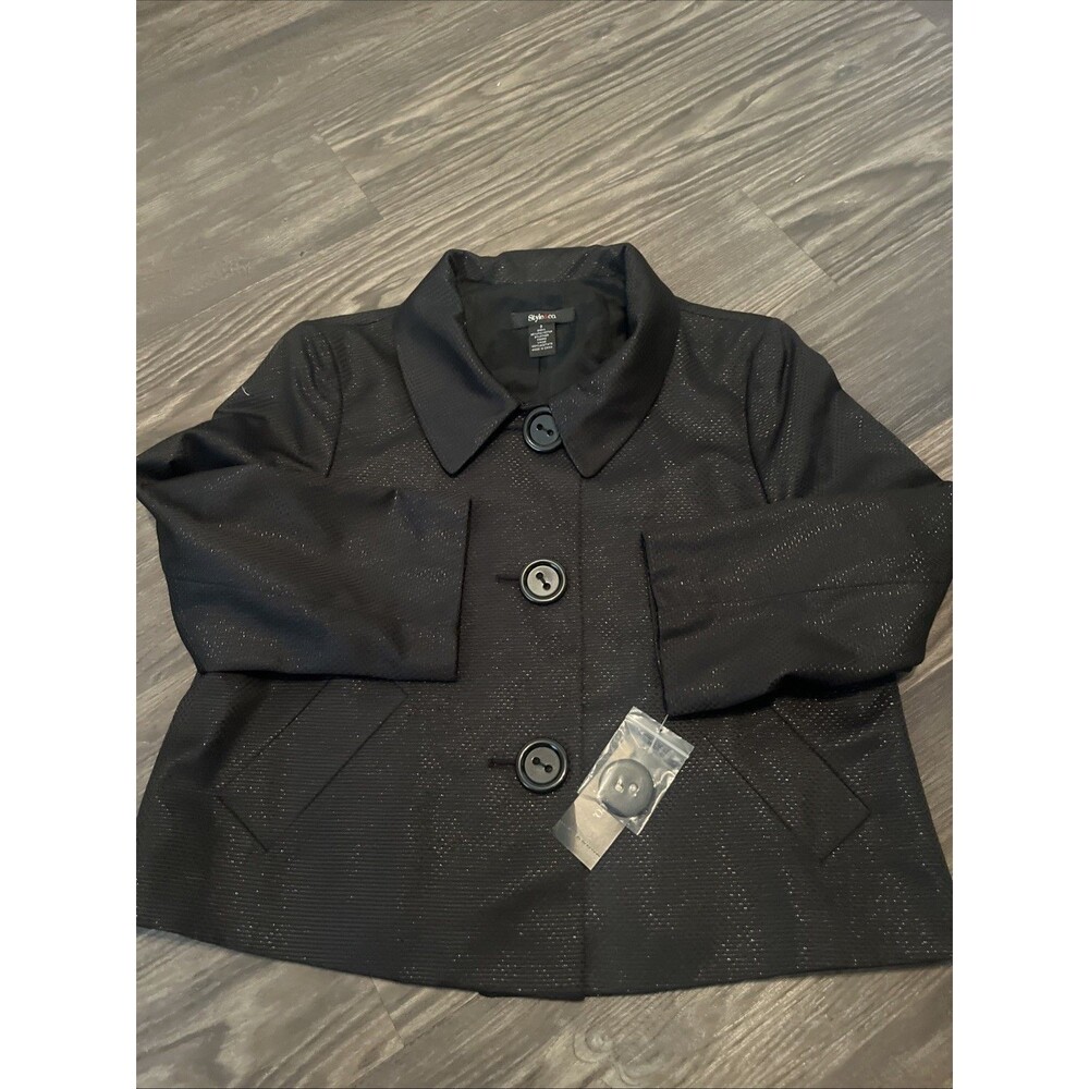 STYLE & CO Women’s Shiny Finish Lined Button Front Swing Jacket Black Size 8 - Picture 2 of 11